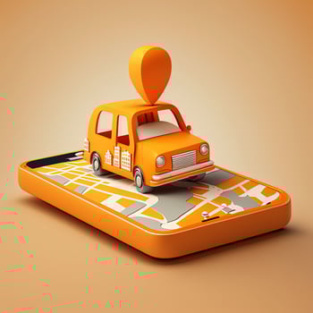 Online mobile application taxi ordering service , Orange taxi car driving along the route to the marker on a smart phone, on a city map. Car and satellite navigation systems concept. photo