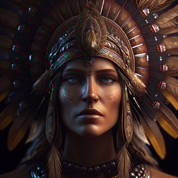 native american woman in ceremonial head dress, reflection of the silhouette of tribal ancestors in her eyes. Close up of colorful dressed native woman isolated on black background. photo