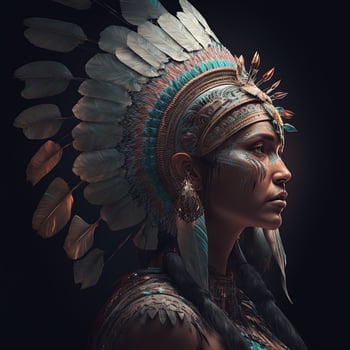 native american woman in ceremonial head dress, reflection of the silhouette of tribal ancestors in her eyes. Close up of colorful dressed native woman isolated on black background. photo
