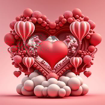 Perfect decorations for valentines day, symmetrical, hearts and clouds, red, pink, 3d, proffesional studio, super-resolution. Valentine day concept greeting card photo