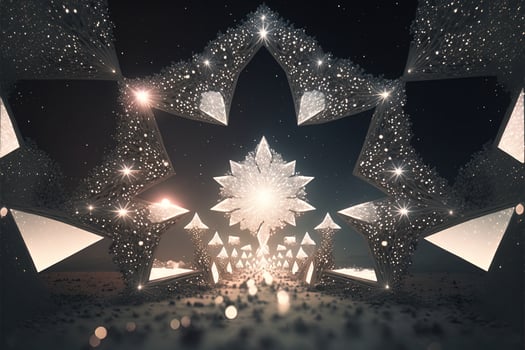 Shower of a million sparkling star shaped mirrors from the heavens. Bright creative abstract decoration element for celebration. Gold and silver glitter star with golden frame on dark background. photo