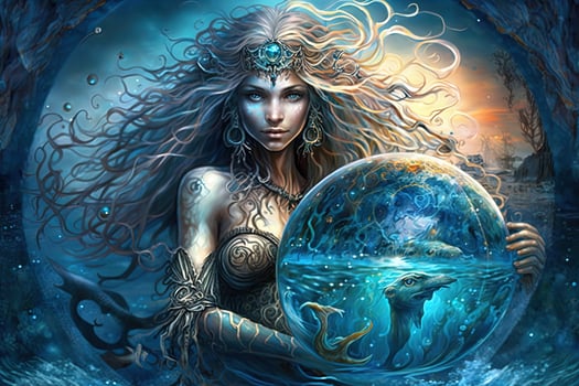Backdrop of sacred zodiac Aquarius symbols, astrology, alchemy, magic, sorcery and fortune telling. digital painting. Zodiac sign Aquarius on the starry sky close up photo