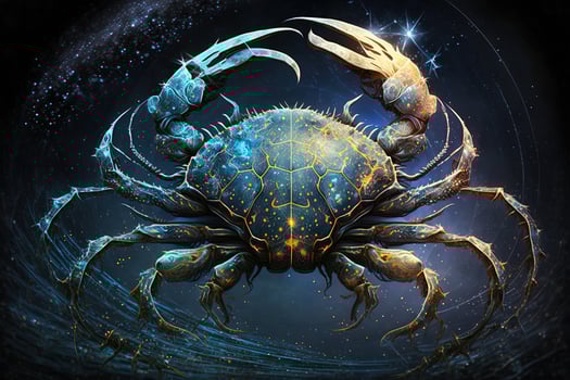 Backdrop of sacred zodiac Cancer symbols, astrology, alchemy, magic, sorcery and fortune telling. digital painting. Zodiac sign Cancer on the starry sky close up photo