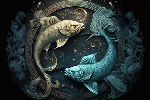 Backdrop of sacred zodiac Pisces symbols, astrology, alchemy, magic, sorcery and fortune telling. digital painting. Zodiac sign Pisces on the starry sky close up photo