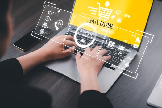 Online shopping with laptop computer concept, Hand hold smartphone and laptop for online shopping showing payment details, E-commerce shop ecommerce website with smartphone shopping cart online photo