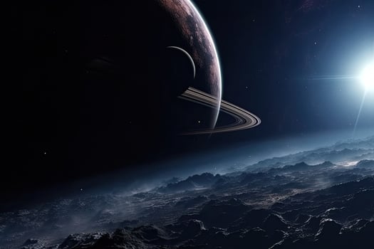 Surface of unknown planet with craters and mountains. photo
