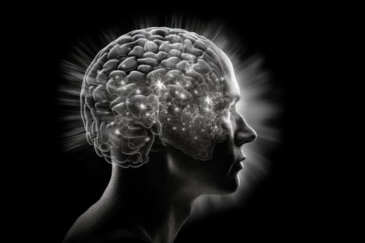 Silhouette of man head with neural connections in brain. photo