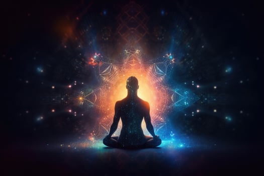 Body silhouette in lotus pose against cosmic background. photo