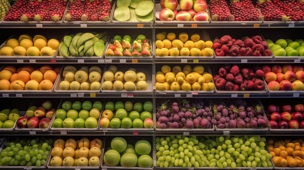 Colorful Array of Fresh Fruits on Display at Local Greengrocer. photo