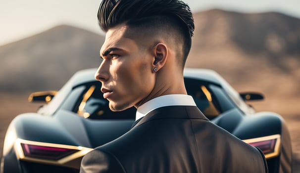 A Rich Businessman Standing in Front of a Luxurious Supercar. photo