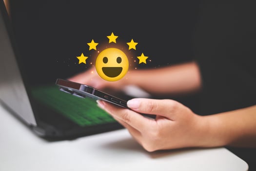 Customer pressing satisfaction with gold five star rating feedback icon and press level excellent rank for giving best score point to review the service , experience success business rate  concept. photo