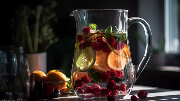 Vibrant Infused Waters, nutrient-packed fruits, vegetables, and herbs submerged in a clear glass pitcher photo