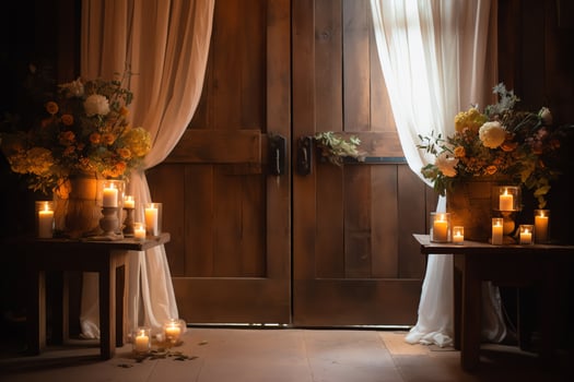 A barn door with two vases of flowers and candles in front of it and a curtain in the background with lights on the side of the door and a window with a curtain behind. photo