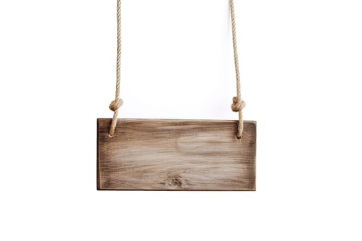 Wooden sign plain hanging from rope isolated on white background. photo