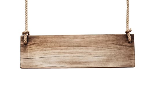 Wooden sign plain hanging from rope isolated on white background. photo