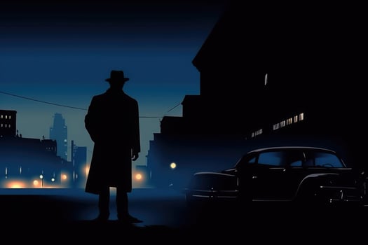 Silhouette of man in old fashioned hat and coat at night street. photo