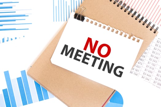 Text no meeting on white paper sheet and brown paper notepad on the table with diagram. Business concept photo