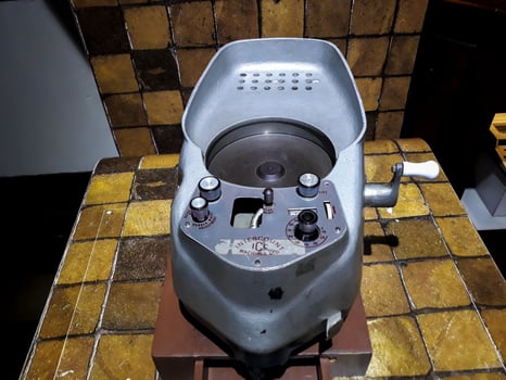 old mechanical manual counting antique machine for mathematical calculations in Museum Mandiri. JAKARTA, INDONESIA, APRIl 8, 2019 photo