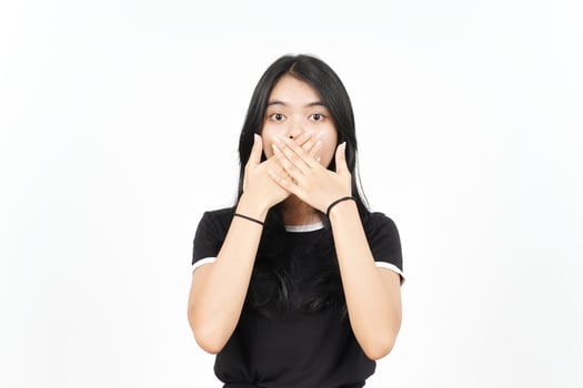 Shocked And Covering Mouth Of Beautiful Asian Woman Isolated On White Background photo