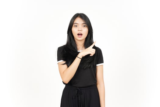Shocked face Showing Product and Pointing Side using forefinger Of Beautiful Asian Woman photo