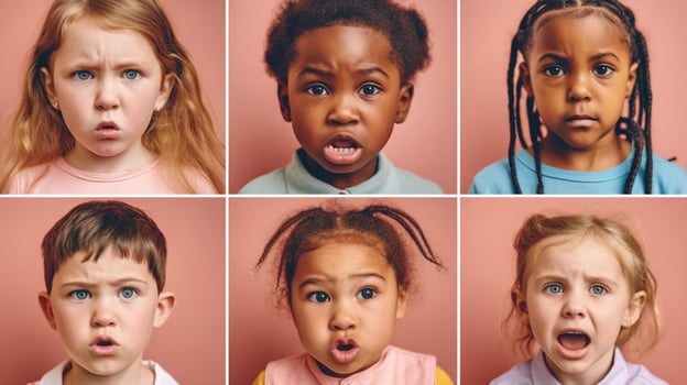Art collage made of portraits of little and happy kids, photo
