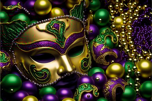 Bright Mardi Gras background with carnival masks and beads. illustration. photo