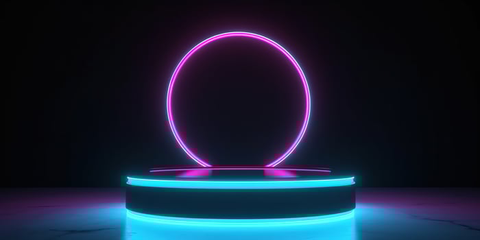 , Sci-Fi Futuristic neon glowing banner with podium. Abstract cyberpunk background for promotion goods. Mockup template photo