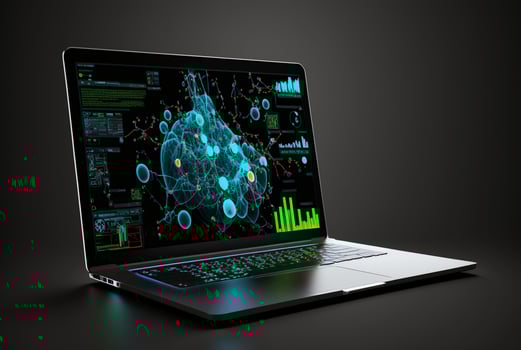 laptop with data analytics isolated black background. photo