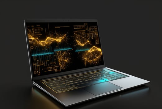 laptop with data analytics isolated black background. photo