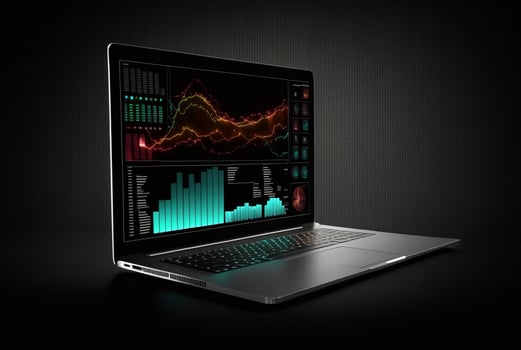 laptop with data analytics isolated black background. photo