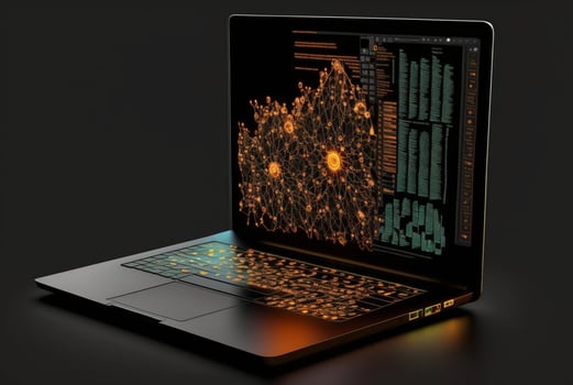 laptop with data analytics isolated black background. photo