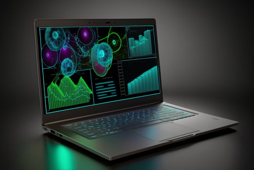 laptop with data analytics isolated black background. photo