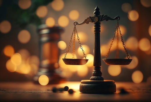 Judge's gavel and Scales of Justice with bokeh background. Judicial law concept, photo