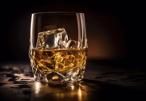 Whiskey with ice in glass on black background photo