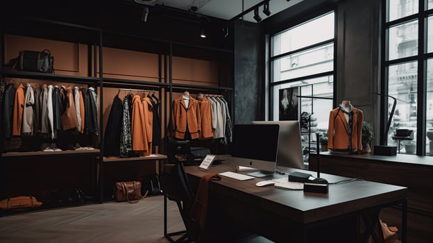 Modern boutique interior with stylish clothes and laptop on the table, photo