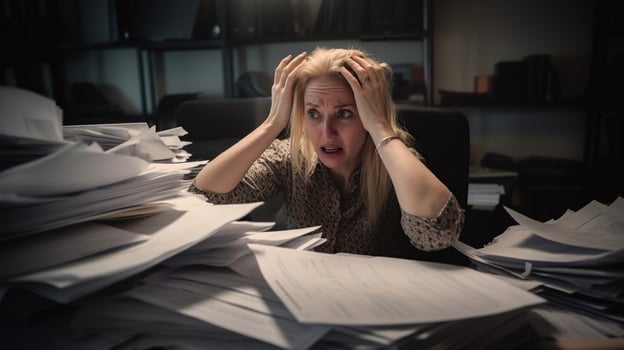 Desperate office worker overwhelmed with paperwork, she held his head with the hands, photo