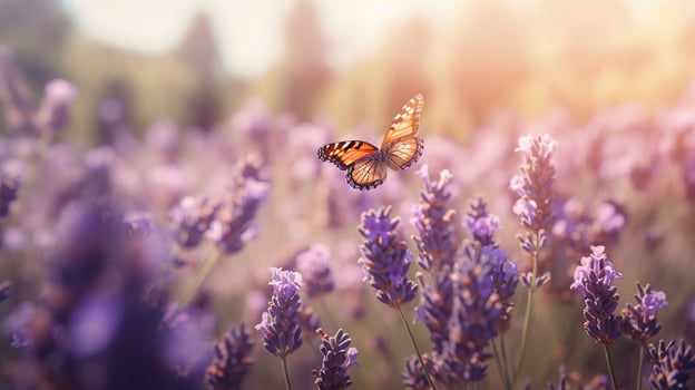 Blossoming Lavender flowers and flying butterfly in summer morning background . Purple growing Lavender panoramic view, photo
