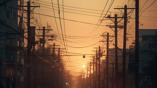 High power electricity poles in urban area connected to smart grid. Energy supply, distribution of energy, transmitting energy, energy transmission, photo