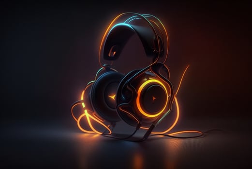 Headphones with neon light on dark background. photo