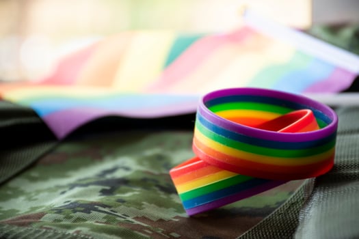 Rainbow flag and rainbow wristbands on camouflage background, concept for celebrations of LGBT people in pride month around the world, soft and selective focus on wristband. photo