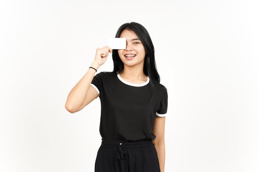 Holding Blank Bank Card Or Credit Card Of Beautiful Asian Woman Isolated On White Background photo
