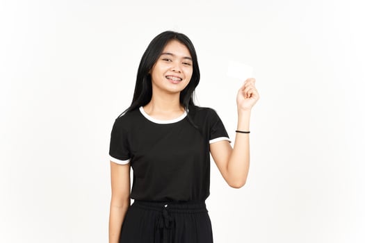Holding Blank Bank Card Or Credit Card Of Beautiful Asian Woman Isolated On White Background photo