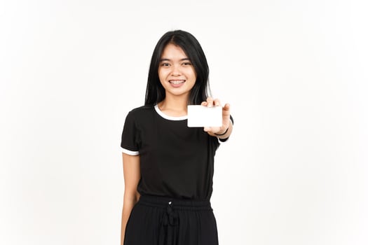 Holding Blank Bank Card Or Credit Card Of Beautiful Asian Woman Isolated On White Background photo