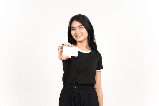 Holding Blank Bank Card Or Credit Card Of Beautiful Asian Woman Isolated On White Background photo
