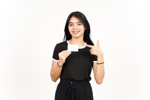 Holding Blank Bank Card Or Credit Card Of Beautiful Asian Woman Isolated On White Background photo