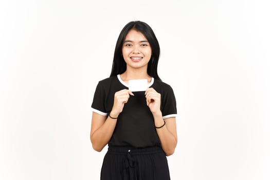 Holding Blank Bank Card Or Credit Card Of Beautiful Asian Woman Isolated On White Background photo