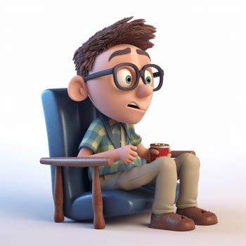 A man sits in a chair and watches a movie with popcorn in front of him. photo