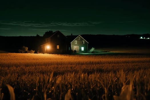 A corn field with a barn in the background at night. photo