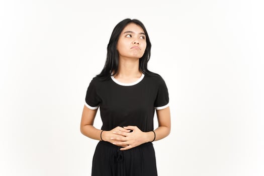 Hungry want to eat and touch stomach Of Beautiful Asian Woman Isolated On White Background photo