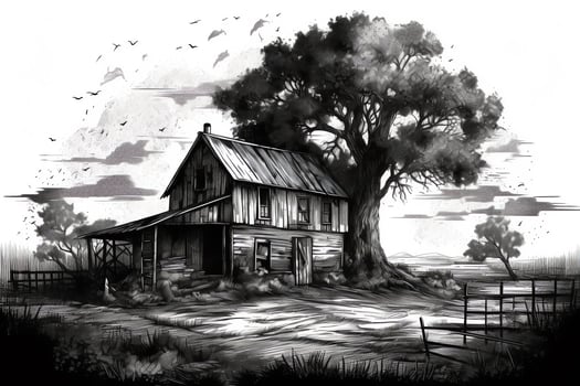 Old barn and trees ink black and white illustration. photo